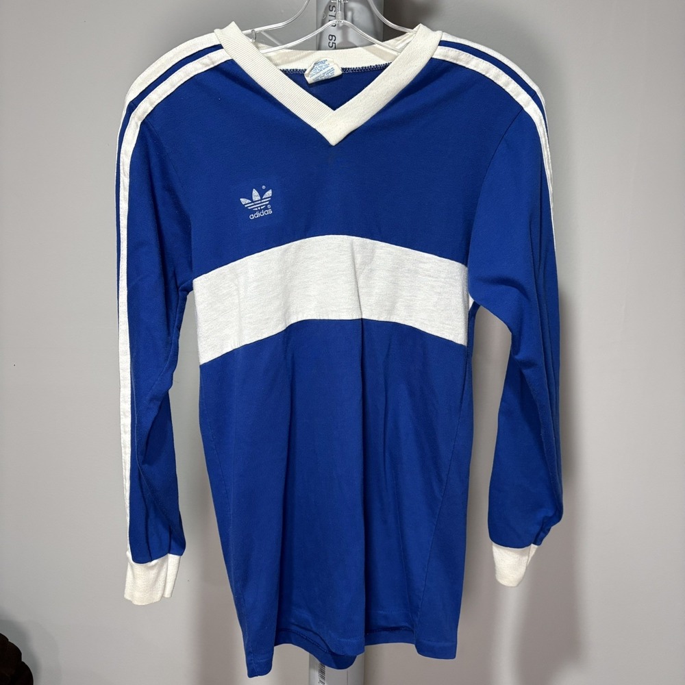 Vtg Adidas Long Sleeve Mens Sz S Blue V Neck Ringer Trefoil 3 Stripe 80s T-Shirt